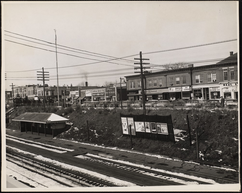 Newtonville Railroad Station. Shops, cars. Newton, MA