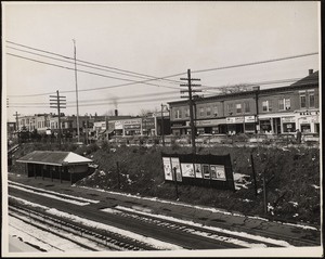 Newtonville Railroad Station. Shops, cars. Newton, MA