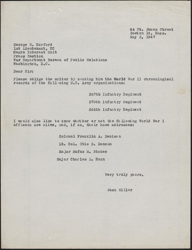Letter from Jack Miller, Boston, to Lieutentant George E. Norford, Washington, D.C., 1947 May 3
