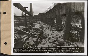 Washout at coal trestle, looking southerly towards boiler house, George H. Gilbert Manufacturing Co., Gilbertville, Hardwick, Mass., Jan. 22, 1940