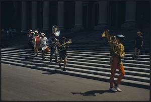 Marching band on steps of Widener Library, Harvard University