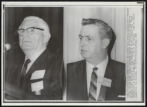 For and Against Dues Hike-- I.W. ABel (left) President of the United Steel Workers addresses members of the union as they met in Atlantic City to vote on a dues increase to built a strike fund. David Rarick (left) of Irvin, Pennsylvania, is one of the leaders from the locals oppositing the increase.