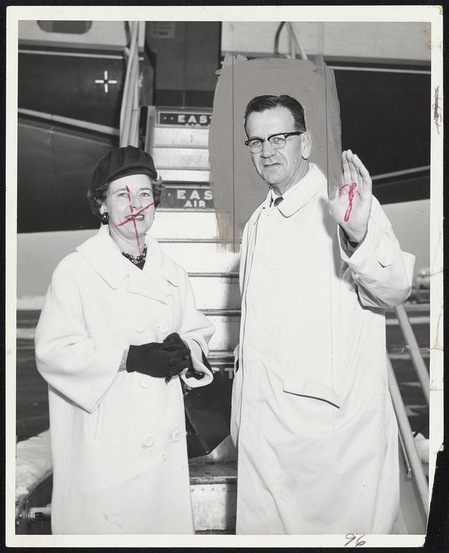 Home from the Sunny South - Boston University head football coach Steve Sinko (Wellesley, Mass) and his pretty wife Lucille, arrived back in Boston today (Wed., Jan 3, 1962) via Eastern Air Lines, following a weeks vacation in Miami, Fla., courtesy of the BU Football players, his friends, and BU alumni. Steve just completed his fifth season as head coach at BU and his friends felt it was just about time he took a well earned vacation- his first five years. The gift was considered a vote of confidence, following his losing season of 4 wins and five losses.