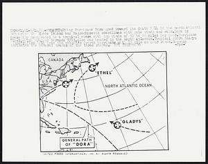 Dying Hurricane Dora sped toward its death 9/14 in the north Atlantic peppering the Rhode Island and Massachusetts coastlines with gale winds and rain. Dora is presently downgraded to a tropical storm with top winds of 50 to 60 miles per hour. Hurricane Ether, which brushed Bermuda 9/13, also was headed to the north Atlantic. Tropical storm Gladys intensified 9/14 into the season's fourth hurricane with 85 mile an hour winds. Newsmap indicates the general tracks of the three storms.