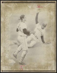 Baltimore (Orioles-Red Sox) - Jose Tartabull, Red Sox outfielder steals home on front end of a double steal in 9th inning. Play went from Larry Haney, Oriole C to Luis Aparicio trying to nip Reggie Smith at 2B, Smith was safe and Tartabull moved home from 3B on throw.