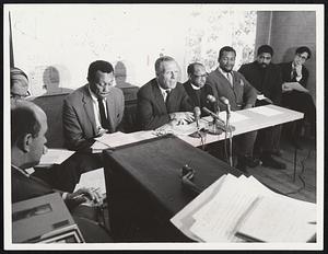 Press Conference participants included, left to right, Leroy Boston; Mayor Kevin White; the Rev. Vernon Carter; Bertram Alleyne of the Urban Coalition and John Young of CORE.