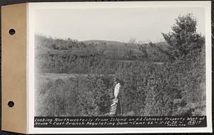 Contract No. 66, Regulating Dams, Middle Branch (New Salem), and East Branch of the Swift River, Hardwick and Petersham (formerly Dana), looking northwesterly from island on H.S. Johnson property west of house, east branch regulating dam, Petersham, Mass., Nov. 10, 1938