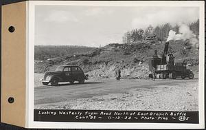 Contract No. 93, Completion of East Branch Baffle, Petersham (formerly in the Town of Greenwich), and Hardwick, looking westerly from road north of east branch baffle, Hardwick, Mass., Nov. 13, 1939