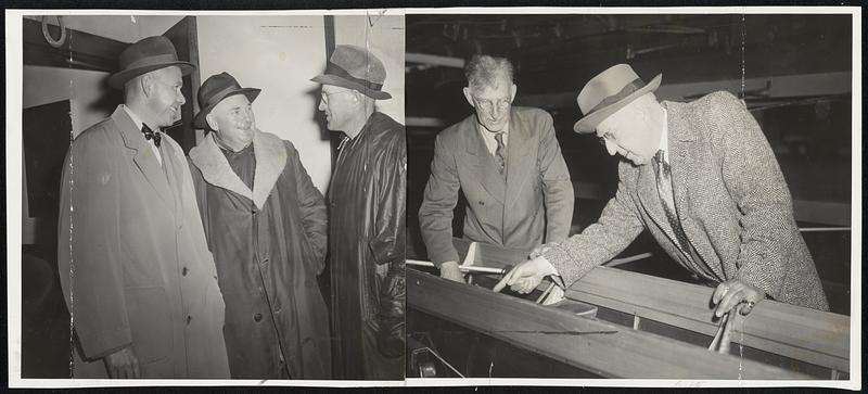 Plotting Dire Plans for the Weatherman, if he doesn't come up with good rowing conditions today, are these five gentlemen who have major interest in the third annual Eastern championship regatta on the Charles. Left to right - Coaches Dutch Schoch of Princeton, Rusty Callow of Penn, and Tom Bolles of Harvard. At the right, the Syracuse shell gets a check-up from rigger Charlie Keller and the veteran coach, Ned Ten Eyck.