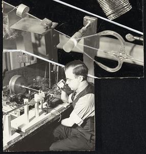 Winding fine quartz threads into springs, used in General Electric research laboratory to indicate differences in weight as little as 1-28,000th of an ounce. Photo at top shows a finished spring. Center, process of spinning, and, below, an expert supervising grinding process.