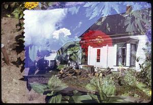 Double exposure of a house and flowers