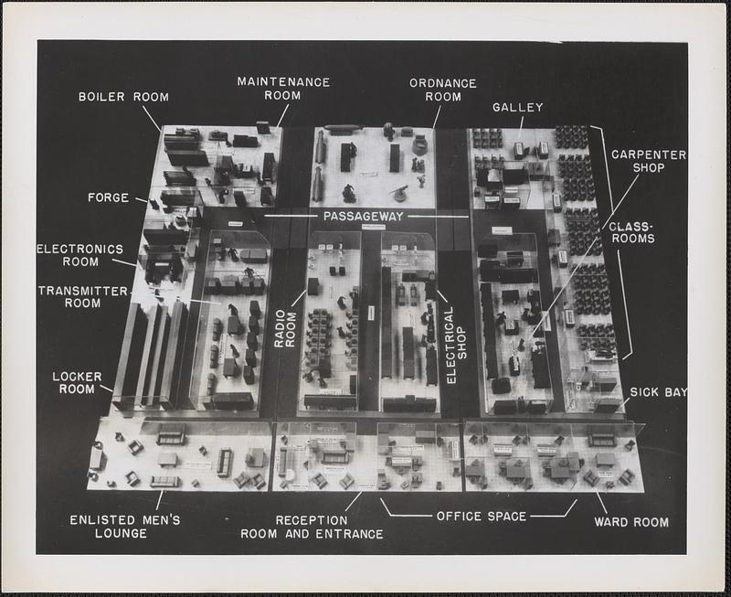 Plastic cut-away model, showing arrangement of equipment and location of various spaces in a Great Lakes Type, Two-Division Model, U. S. Naval Reserve Armory