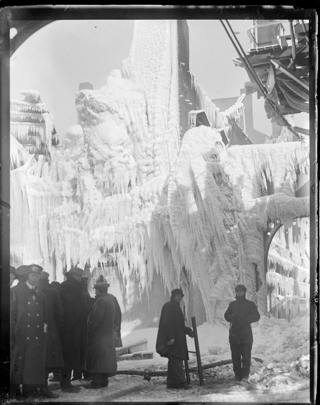 Remarkable ice scene at Big Bacon's store fire at Dudley St. Station in Roxbury