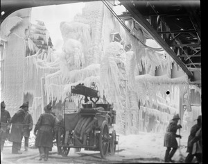 Remarkable ice scene at Bacon's store fire at Dudley Station, Roxbury