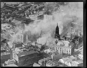 Fall River $35,000,000 fire from the air. City hall saved with tower.