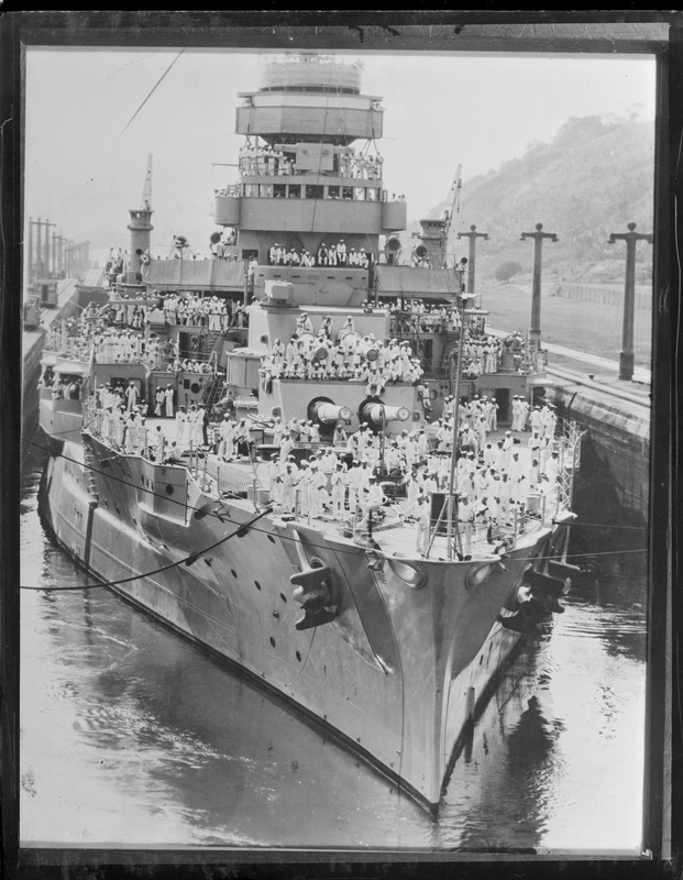 USS Arkansas passing through Miraflores locks of Panama Canal heading for her base in Guantanamo