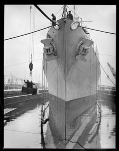 Bow view of USS Portland in Navy Yard drydock