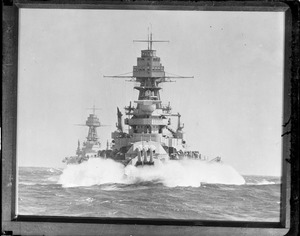USS Arizona plunges through heavy seas enroute from San Pedro to San Francisco