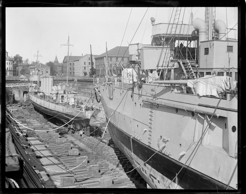 USS Denver, foreground, and CG no. 13 Jouett in drydock at Navy Yard