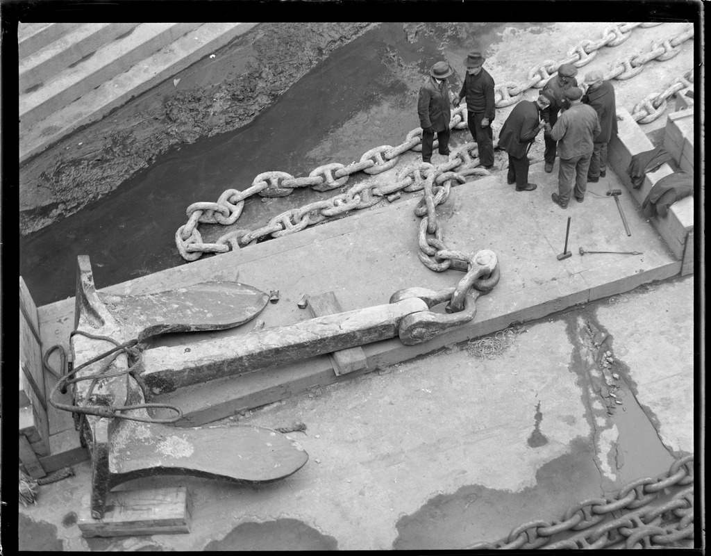 Ropes, chain - large anchor on ships - Digital Commonwealth