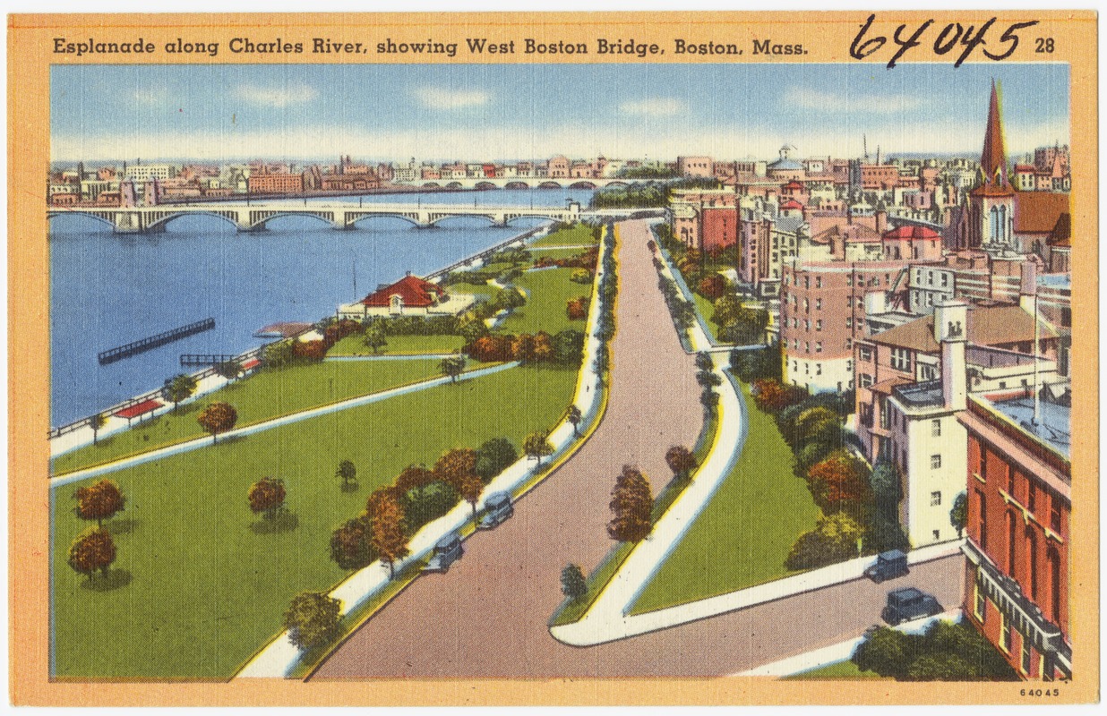 Esplanade along Charles River, showing West Boston Bridge, Boston, Mass.