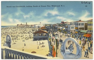 Beach and boardwalk, looking south of Ocean Pier, Wildwood, N. J.
