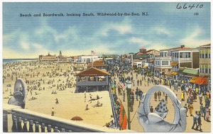 Beach and boardwalk, looking south, Wildwood-by-the-Sea, N. J.
