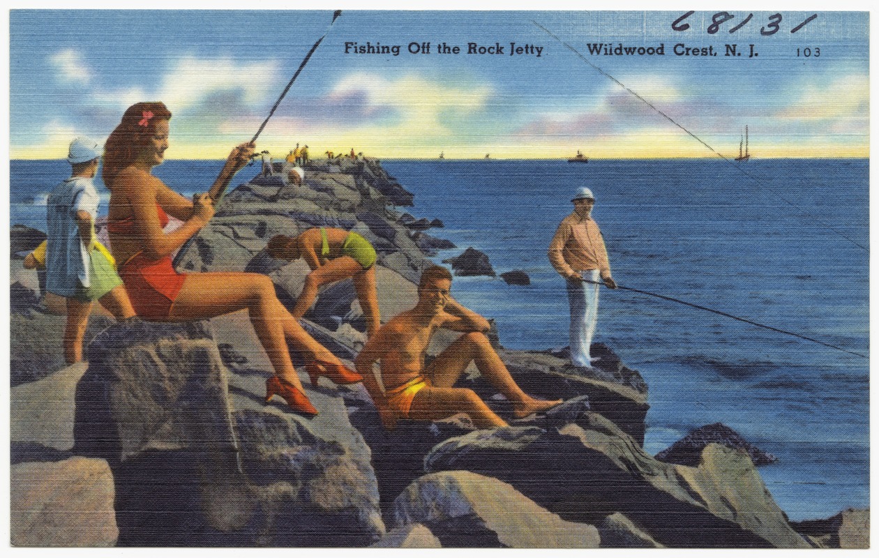 Fishing off the rock jetty, Wildwood Crest, N. J.