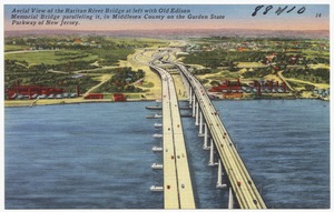 Aerial view of the Raritan River Bridge at left with Old Edison Memorial Bridge paralleling it, in Middlesex County on the Garden State Parkway of New Jersey