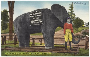 "Perry's Nut House, Belfast, Maine" -- an elephant brings good luck, see our assortment inside