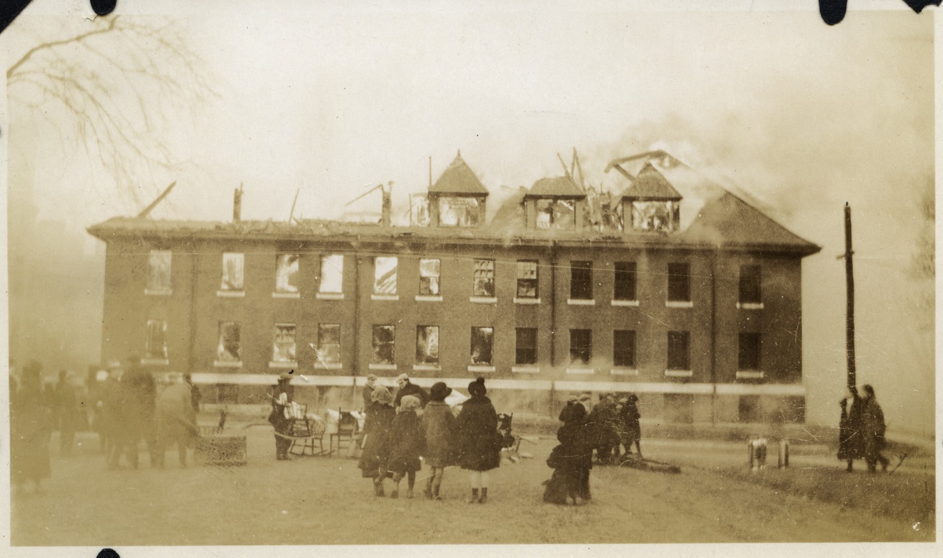 Campus fire - Tillinghast Hall after roof has collapsed, December 10, 1924