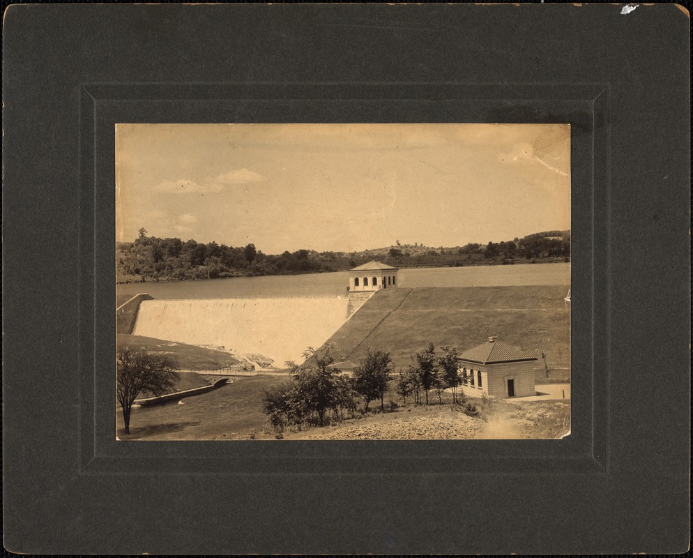 Sudbury Department, Sudbury Dam and Gatehouse, with Weston Aqueduct Headhouse and Meter Chamber, Headhouse in foreground, Southborough, Mass., ca. 1915