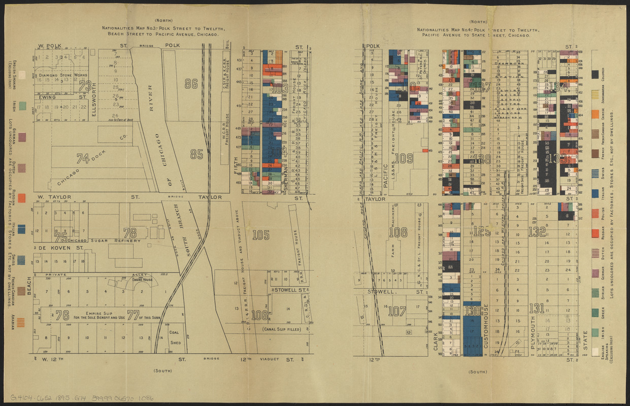 Nationalities map no. 3 - Polk Street to Twelfth, Beach Street to Pacific Avenue, Chicago ; Nationalities map no. 4 - Polk Street to Twelfth, Pacific Avenue to State Street, Chicago