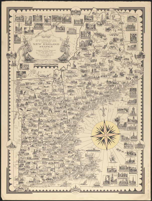 Limited edition, 500 only of a pictorial map covering the New England States U.S.A