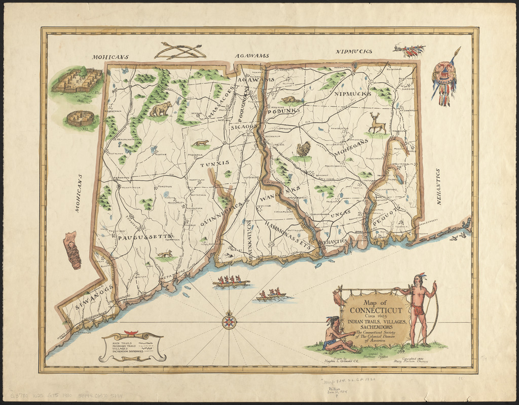 Map of Connecticut, circa 1625, Indian trails, villages, sachemdoms