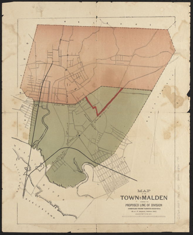 Map of the town of Malden showing the proposed line of division compiled from various surveys