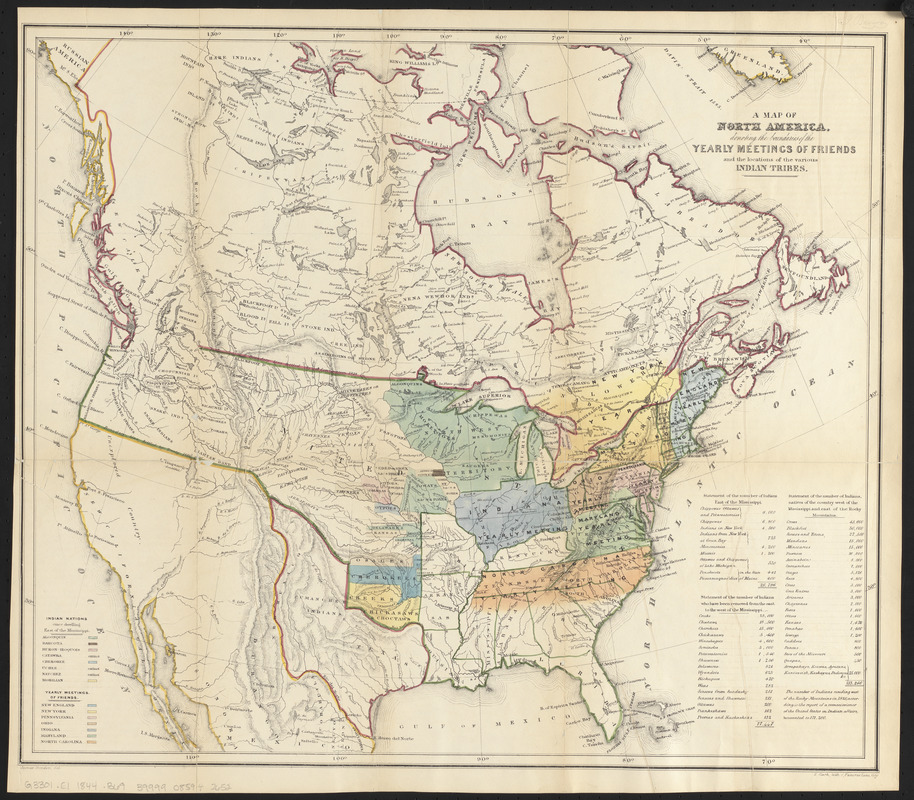A map of North America, denoting the boundaries of the yearly meetings of Friends and the locations of the various Indian tribes