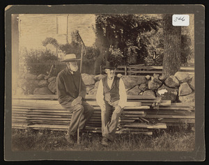 George Brown L., Oscar Whipple R., Roy Whipple's father, sitting back to Cutler Road, the Brown House in background