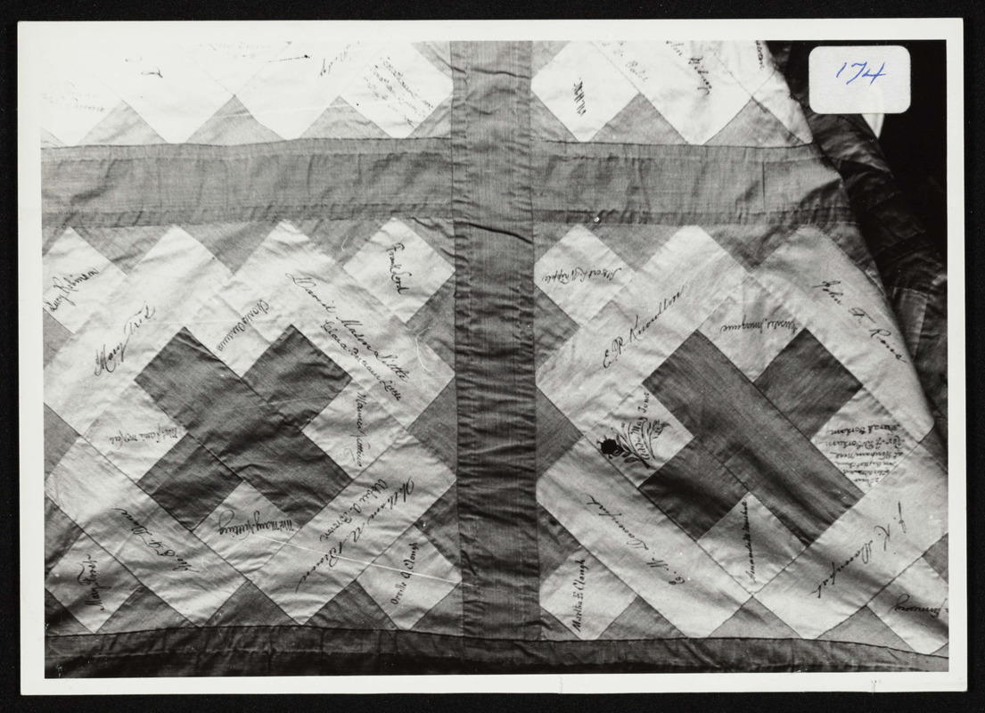 The Hamilton Congregational Church patchwork quilt, circa 1888, displayed at the summer meeting of the Hist. Soc. July 20, 1975, at Ms. C.C. Felton's on Bay Road