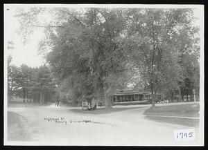 View at Asbury Grove, So. Hamilton, Mass, looking down Highland St. showing electric street car 3023 at the Grove station, also popcorn wagon