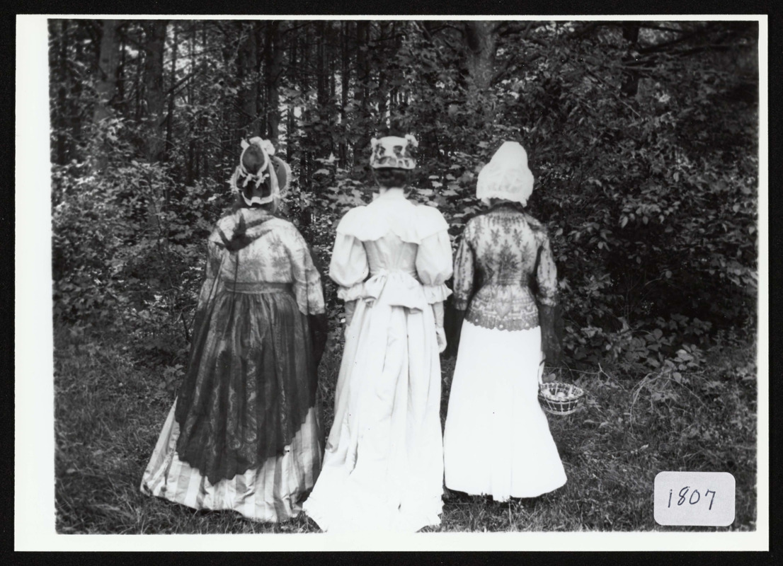 Three ladies dressed in circa 1870 costume for July 4, 1910 parade, Asbury Grove, So. Hamilton, Mass