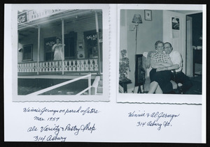 Winnie Jermyn on porch of store, Mar. 1957, Als Variety and Pastry Shop, 314 Asbury, Winnie and Al Jermyn