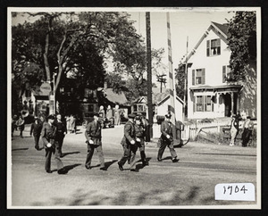 Hamilton, MA parade, circa 1937-1938, Bay Road by railroad crossing, police group, house and gas station of Merrill Cummings