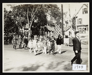 Hamilton, MA parade, circa 1937-1938, at railroad crossing, Bay Rd. heading north, gas station and house of Merrill Cummings