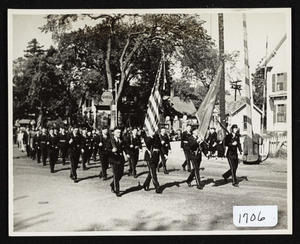 Hamilton, MA parade, circa 1937-1938, Bay Road heading north, at railroad crossing, gas station and house of Merrill Cummings