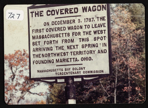Commemorative sign, the covered wagon, Bay Road, approaching Cutler Road, 1978