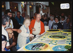 Ted Johnson seated, Ruth Whipple, Roland Berry, 1993 cake cutting