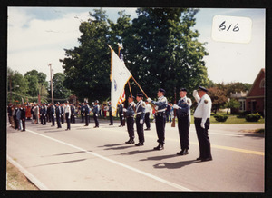 Hamilton parade, Memorial Day 1989, in front of community house, Chief Robert Poole in shirt sleeves