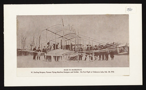 Made in Marblehead, W. Starling Burgess, pioneer flying machine designer and builder, his first flight at Chebacco Lake, Feb. 28, 1910