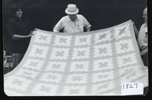 1888 quilt shown on display for Founder's Day, July 1953, made by Ladies Aid Society of Hamilton Congo Church, each square inscribed by Otis Brown
